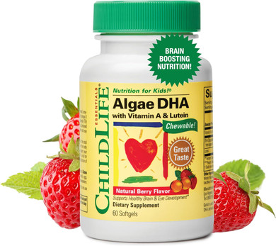 CHILDLIFE ESSENTIALS Algae DHA with Vitamin A & Lutein - Algae DHA Omega 3 Supplement, Chewable DHA for Kids, Supports Healthy Brain & Eye Development - Natural Berry Flavor, 60 Softgels