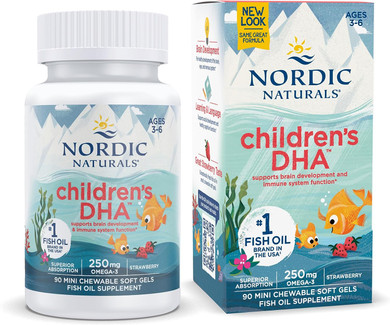 Nordic Naturals Childrens DHA, Strawberry - 90 Mini Chewable Soft Gels for Kids - 250 mg Omega-3 with EPA & DHA - Brain Development & Function - Non-GMO - 22 Servings