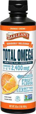 Barlean's Total Omega 3 Fish Oil Liquid Supplement, Orange Crème Flavored with Borage Oil and Flaxseed Oil, 2,400 mg of Omegas 3 6 9 EPA and DHA Plus GLA, 16 oz16 Ounce (Pack of 1)