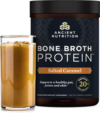 Ancient Nutrition Bone Broth Protein Powder, Salted Caramel, 19G Protein Per Serving, Beef, Supports Healthy Skin, Gut Health, Joint Supplement, Gluten Free, Paleo And Keto Friendly, 20 Servings
