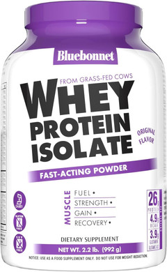 Bluebonnet Nutrition Whey Protein Isolate Powder From Grass Fed Cows, 26G Of Protein, No Sugar Added, Gluten & Soy Free, Kosher Dairy, 2 Lbs, 28 Servings, French Vanilla Flavor