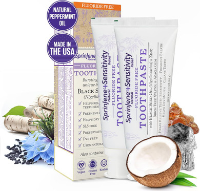 Sprinjene Fluoride Free Toothpaste For Sensitive Teeth & Gum Fresh Breath Helps Dry Mouth Natural Non Fluoride Toothpaste For Adult Sls Free, Toxic Preservative Free With Black Seed Oil & Zinc 2 Pack