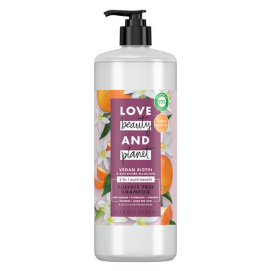 Love Beauty And Planet Sulfate-Free Shampoo Vegan Biotin & Sun-Kissed Mandarin Deep Cleanse, Hydrate, Strengthen, Volumize & Shine 5-In-1 Multi-Benefit Nourishing Shampoo 32 Oz