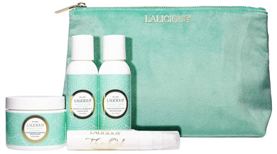 Lalicious Sugar Tiare Travel Set - Whipped Sugar Scrub, Shower Gel / Bubble Bath, Body Butter & Body Oil In A Luxe Velour Makeup Bag (4 Piece Kit)