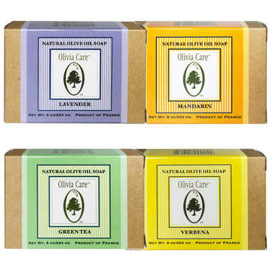 |Green Tea, Mandarin, Verbena, Lavender| Natural & Organic Olive Bar Soaps, 8Oz (Large Size) By Olivia Care -Triple Milled, Pure & Cold-Pressed (4Pcs Total (1 Of Each Flavor))