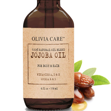 Olivia Care Jojoba Oil 100% Natural Vegan, Pure & Cold Pressed - For Face, Body & Hair. Infused With Antioxidants, Vitamin A, D, E & Omega 6, 9. Moisturizing & Hydrating. All Skin Types  4 Oz