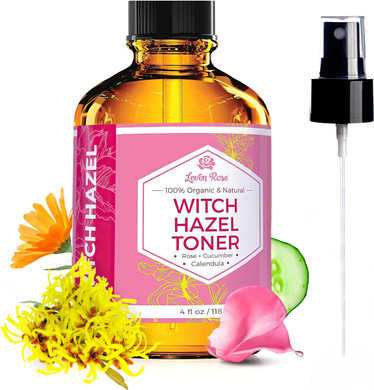 Witch Hazel Alcohol Free Toner by Leven Rose, 100% Pure Organic Facial Rose Water with Rose Petals, Calendula, Cucumber, and Chamomile Flower 4 oz