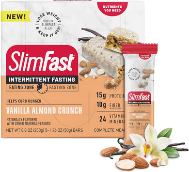 SlimFast Intermittent Fasting- Complete Meal Protein Bars, Vanilla Almond Crunch, 5 Bars (Pack of 1)