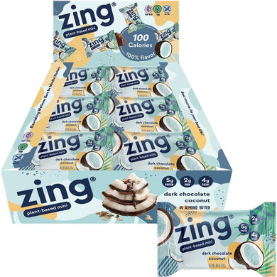 Zing Dark Chocolate Coconut Kids Protein Bars, Gluten Free 100 Calorie Mini Bars With High Protein, Vegan Nutrition Bars, Dairy Free Plant Based Protein, Kosher, Low Sugar, No Sugar Alcohols - 18 Count