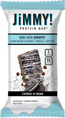 JiMMY! Protein Bar, Cookies and Cream, Wake and Focus, 12 Count - Energy Bar with Caffeine, Omega 3 and MCT Oils, Low Sugar, High Protein