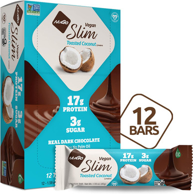 Nugo Slim Dark Chocolate Toasted Coconut, 16G Vegan Protein, 3G Sugar, 7G Fiber, 190 Calories, Low Net Carbs, Gluten Free, 12 C