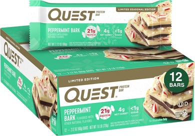 Quest Nutrition Peppermint Bark Protein Bar, 21G Protein, 4G Net Carb, 1G Sugar, Gluten Free, 12 Count