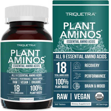 Plant Aminos Organic Essential Amino Acids (Eaas) & Bcaa - 100% Plant-Based Raw, Vegan - All 9 Amino Acids With 18 Total Amino Acids (360 Tablets)