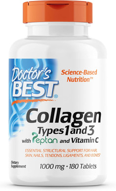 Doctor's Best Collagen Types 1 and 3 with Peptan, Non-GMO, Gluten Free, Soy Free, Supports Hair, Skin, Nails, Tendons and Bones, 1000 mg, 180 Tablets180T