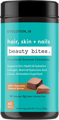 EVOLUTION 18 Beauty Bites, Milk Chocolate Peanut Butter, Supports Skin Health and Hydration, Powerful Blend of Collagen Peptides, Biotin, and Hyaluric Acid, 60 Bites, 60 Servings, Multi