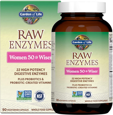 Garden Of Life 22 Digestive Enzymes For Women 50 & Over With Bromelain, Papain & Lactase Plus Probiotics & Vitamins B12, Biotin & Zinc  Raw Enzymes  Non-Gmo, Gluten-Free, Vegetarian, 90 Capsules
