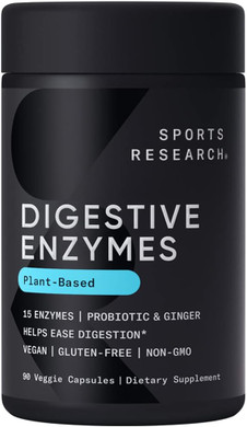 Sports Research Digestive Enzymes With Probiotics & Ginger - Plant Based For Dairy, Protein, Sugar & Carbs - Non-Gmo Verified & Vegan Certified (90 Veggie Capsules)