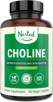 Nested Naturals Choline Bitartrate 500Mg | High Potency Choline Supplements | Supports Cognitive Performance & Liver Function | 100% Vegan & Non-Gmo Choline | 90 Vegan Capsules