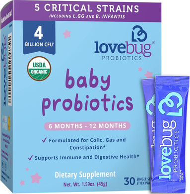 Lovebug Award Winning Usda Organic Probiotic For Babies | Multi-Strain 4 Billion Cfu | Easy-To-Take Powder | Sugar Free | Ages 6-12 Months | 30 Packets