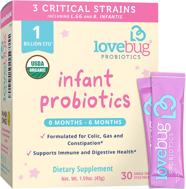Lovebug Award Winning Usda Organic Probiotic For Infants | Ages 0-6 Months | Helps With Colic, Reflux, Diarrhea, Constipation & Gas | Tasteless Powder | Sugar Free | Allergen-Free, Non-Gmo & Vegan