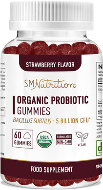 Smnutrition Organic Probiotics Gummies | 5 Billion Cfu Probiotics For Digestive Health & Immune Support* | Hardy Bacillus Subtilis Strawberry Probiotics Chewable Gummies | Gluten-Free, Vegan | 60 Ct