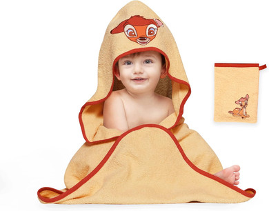 Disney Home Bambi Baby Hooded Towel Set Up To 5 Years, Soft And Absorbent, Oeko-Tex Certified, 2-Piece, Hooded Towel 80 X 80 Cm, Washcloth 15 X 20 Cm