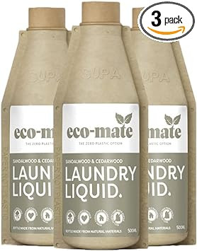 Eco-Mate Sandalwood And Cedarwood Concentrated Non-Bio Laundry Liquid, Plant-Based, 100% Biodegradable Paper Bottle & Contents, Vegan Friendly, Natural, Hypoallergenic, Plastic Free, Pack Of 3