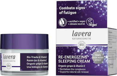Lavera Re-Energizing Sleeping Cream - Night Cream With Organic Grape & Vitamin E - 5 In 1 Over-Night Effect - Revitalises & Smooths The Complexion - Combats Signs Of Fatigue - Natural Cosmetics - Vegan - Organic (1 X 50 Ml)