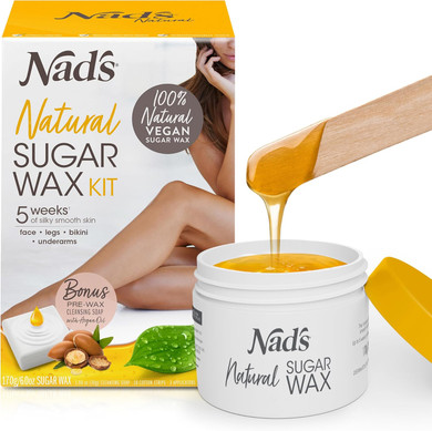 Nad's 100% Natural Sugar Wax Kit, Vegan, Hypoallergenic, No-heat Formula Waxing Sugar Paste, Includes 6 Wooden Spatulas, 10 Reusable 100% Cotton Strips, 1 Pre-wax Cleansing Soap & Sugar Wax 170g