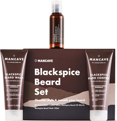 ManCave Blackspice Beard Gift Set with 3 Beard Grooming Essentials, For a thicker, more healthier beard, Vegan Friendly, Tubes made using Recycled Plastics, Made in England
