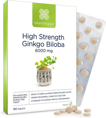 Healthspan Ginkgo Biloba 6,000mg | High Strength | 180 Tablets | Iodine | Vitamin B5 | Flavone Glycosides | Vegan
