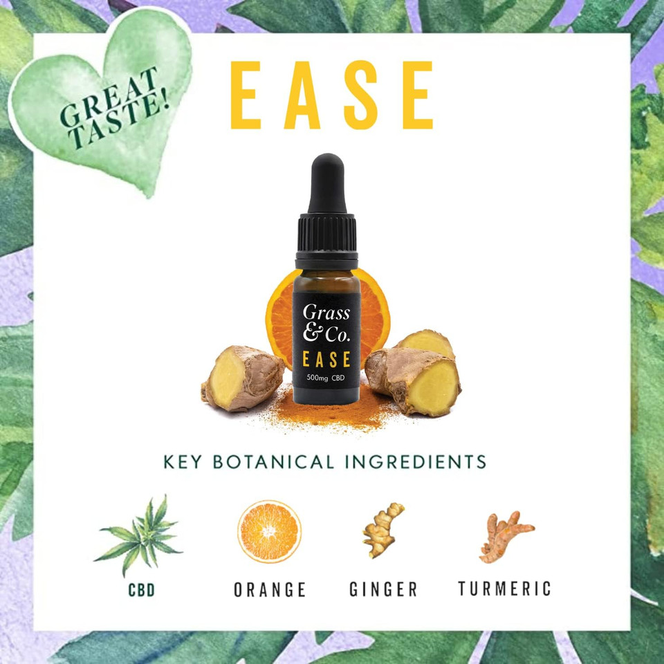 Grass & Co. EASE - Flavoured CBD Oil Drops 500mg (5.5%) CBD with Added Ginger, Turmeric and Vitamins D + K | Pain & inflammation Relief | 10ml