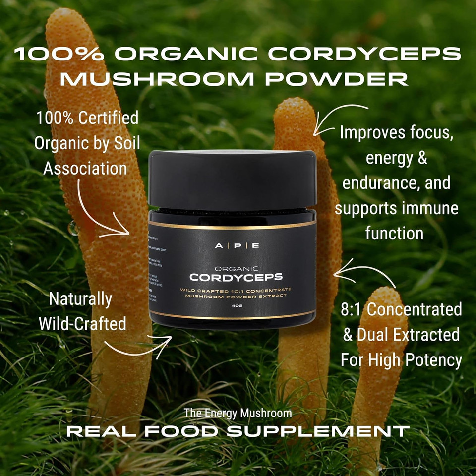 APE Nutrition Organic Cordyceps Mushroom Extract Powder - Certified Organic & Wild Crafted, Improves Energy & Muscle Function, UK Supplements, No Fillers, 40G (40-80 Servings) APE Nutrition Organic Cordyceps Mushroom Extract Powder - Certified Organic & Wild Crafted, Improves Energy & Muscle Function, UK Supplements, No Fillers, 40G (40-80 Servings)