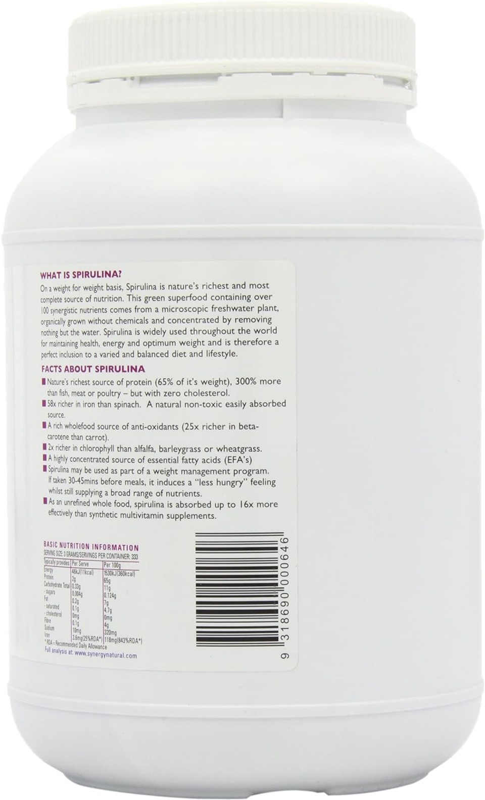 Synergy Natural Organic Spirulina Powder 1000G