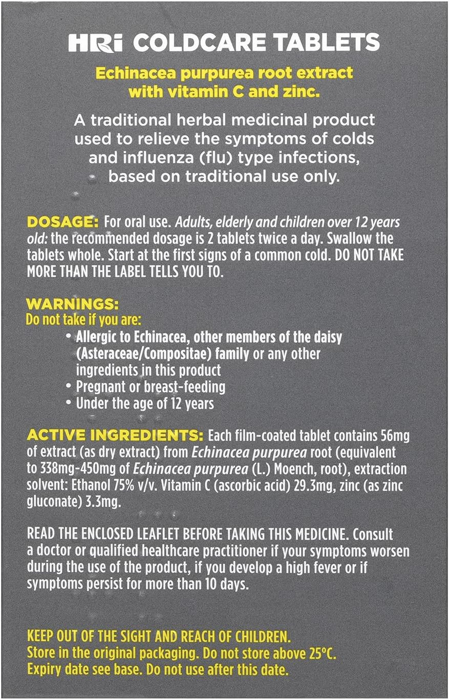 HRI ColdCare Immunity 30 Tablets - Echinacea, Plus Vitamin C and Zinc to Relieve The Symptoms of Colds and Flu Type Infections. 1 Pack