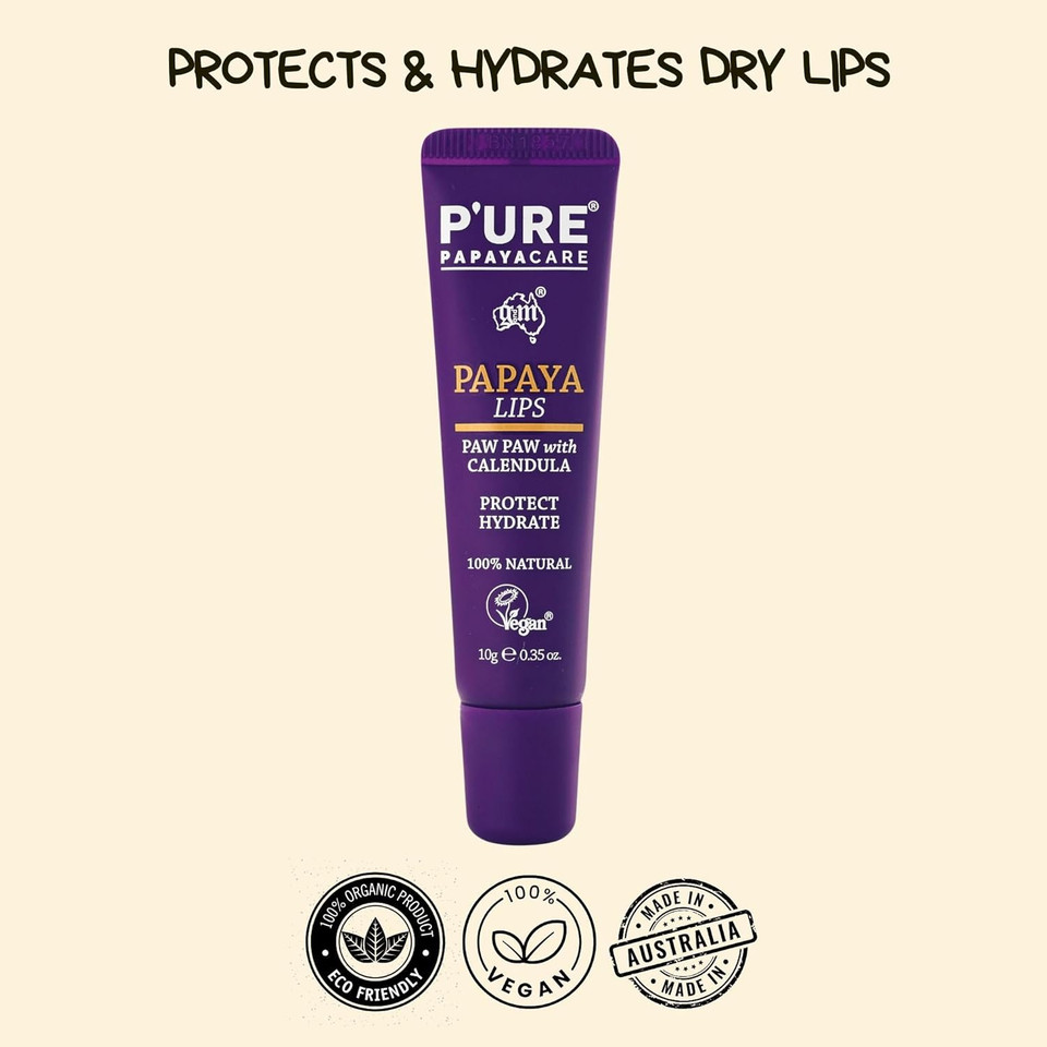 P'URE PAPAYA CARE Vegan Lip Balm 10g - Papaya Lips - Natural Paw Paw Lip Balm - Jojoba, Calendula, Shea Butter Lip Balm - Organic Lip Balm Lip Treatment for Dry Cracked Lips - Cruelty Free