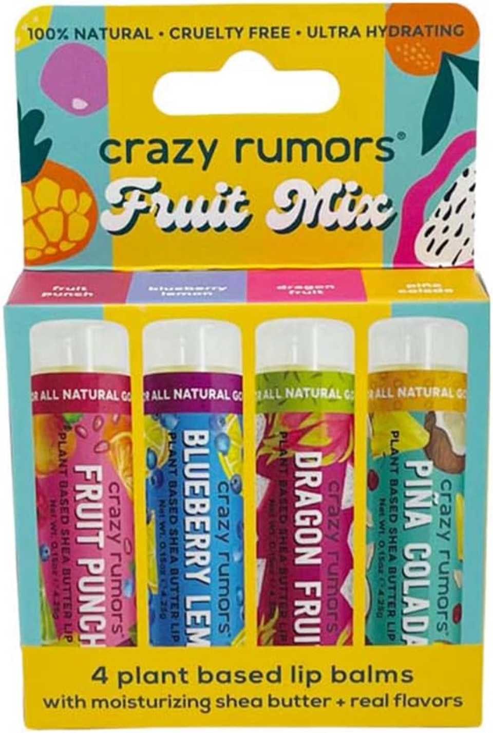 Crazy Rumors 'Fruit Mix' 4 Multi Pack Lip Balm Stick Set For Dry Lips, 100% Natural & Vegan