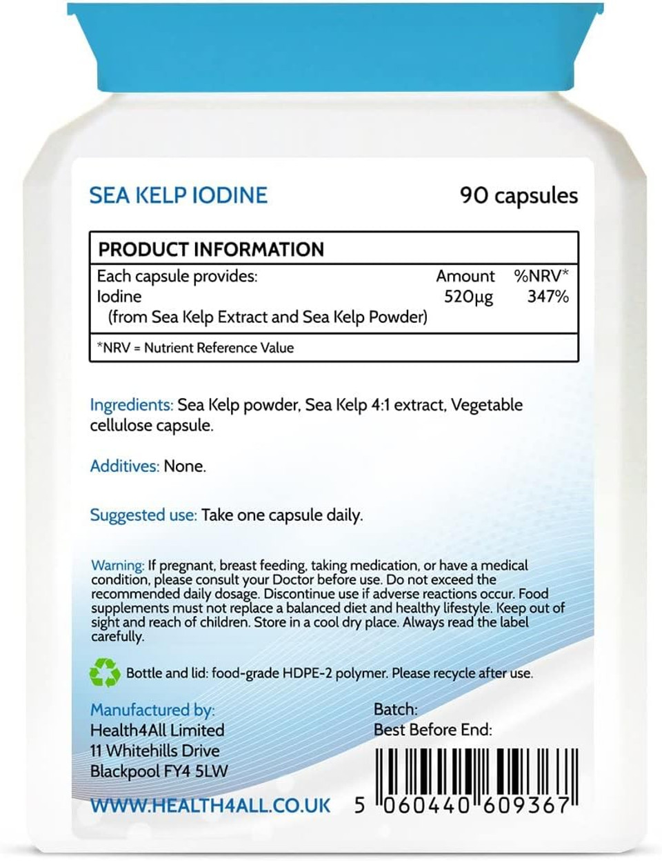 Health4All Sea Kelp Iodine 90 Capsules (V) High Strength 520Mcg Iodine Per Capsule. Purest: No Additives Natural Iodine Supplement