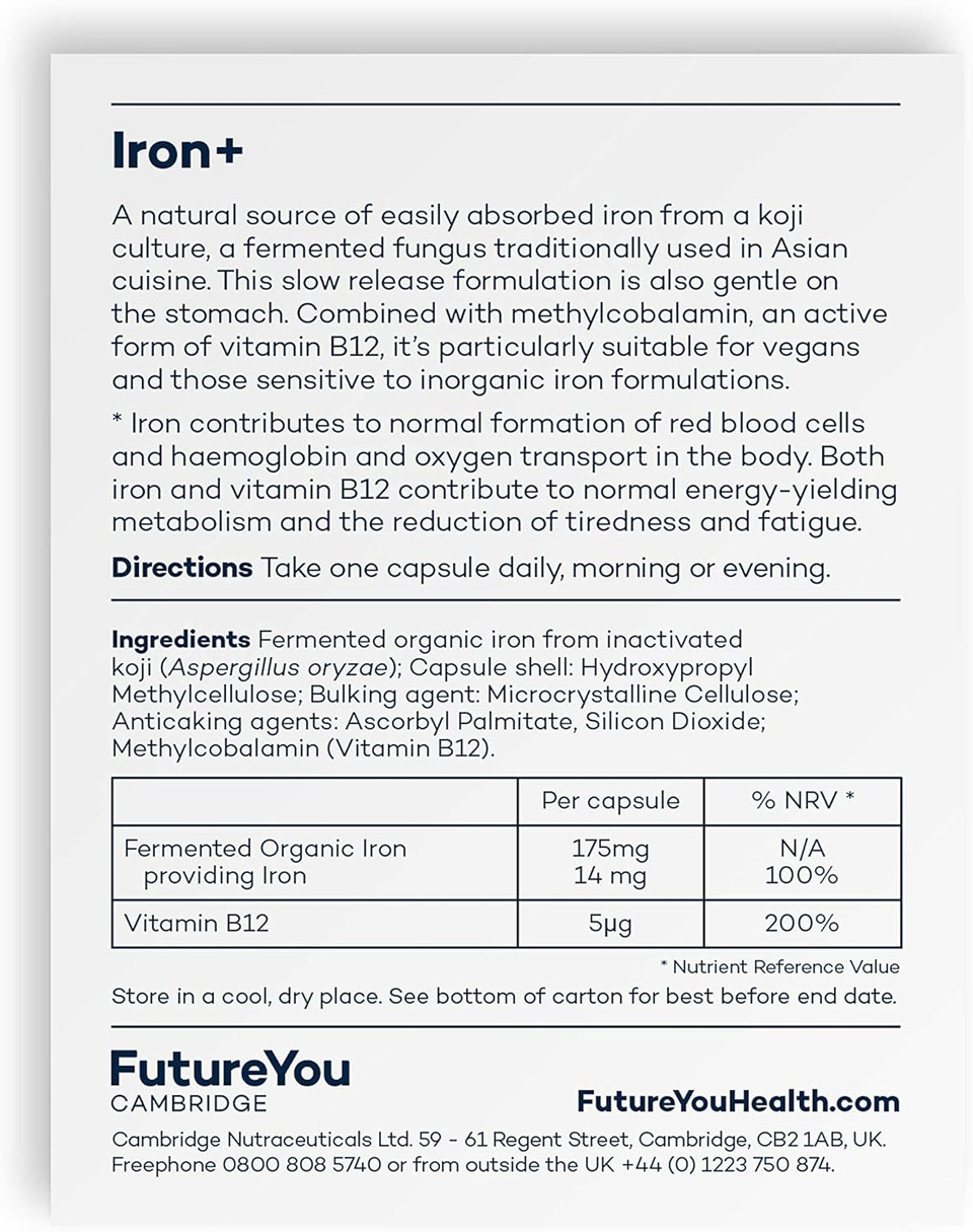 Iron+ Supplements  Energy Tablets with Koji Fermented Iron and Vitamin B12  28 Day Supply  Blood Supplement for Normal Formation of Red Blood Cells  Vitamins for Tiredness by FutureYou Cambridge