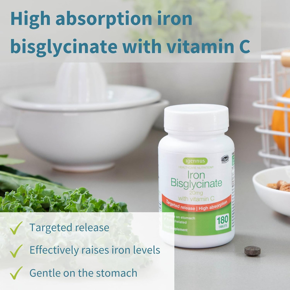 High Absorption Chelated Iron Bisglycinate 20Mg With Vitamin C, Gentle Formula, Clean Label & Targeted Release, One Daily, Vegan, 180 Tablets, By Igennus