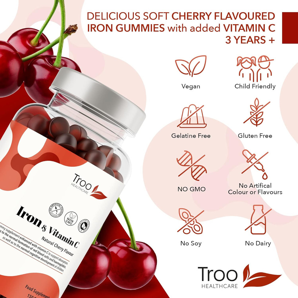 Iron & Vitamin C - 150 Natural Cherry Flavour Gummies - Tasty Chewable Supplement For Men, Women And Kids - Increased Absorption Supports Cognitive Development & Red Blood Cell Formation