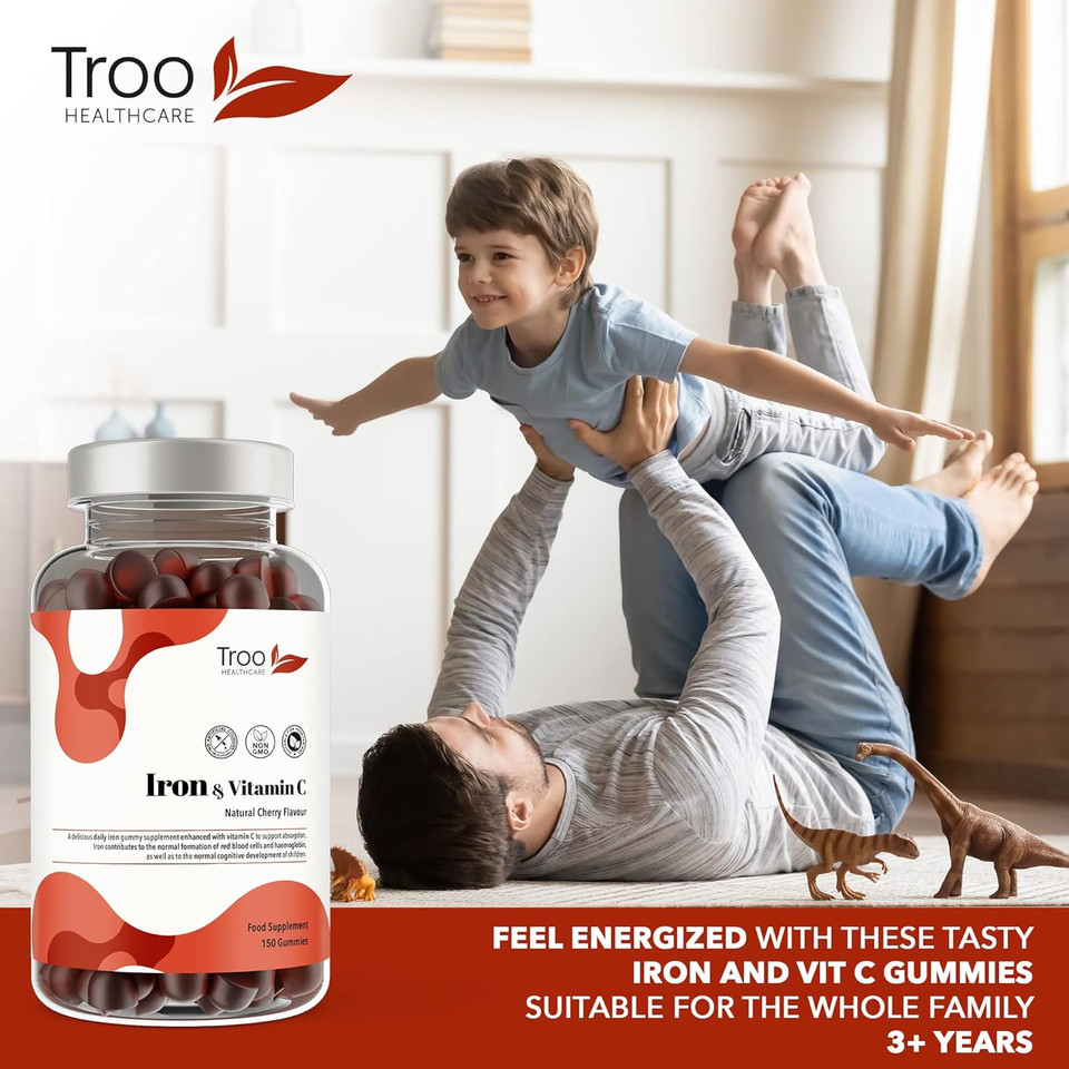 Iron & Vitamin C - 150 Natural Cherry Flavour Gummies - Tasty Chewable Supplement For Men, Women And Kids - Increased Absorption Supports Cognitive Development & Red Blood Cell Formation