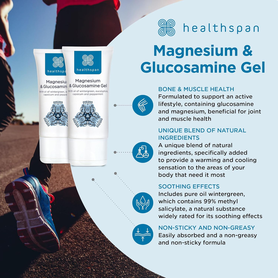Healthspan Magnesium & Glucosamine Gel | 150ml | Highly Absorbable | Non-Sticky | Non-Greasy | Capsicum | Cooling Eucalyptus Oil | Peppermint Oil | Pure Oil of Wintergreen | Gelatin Free