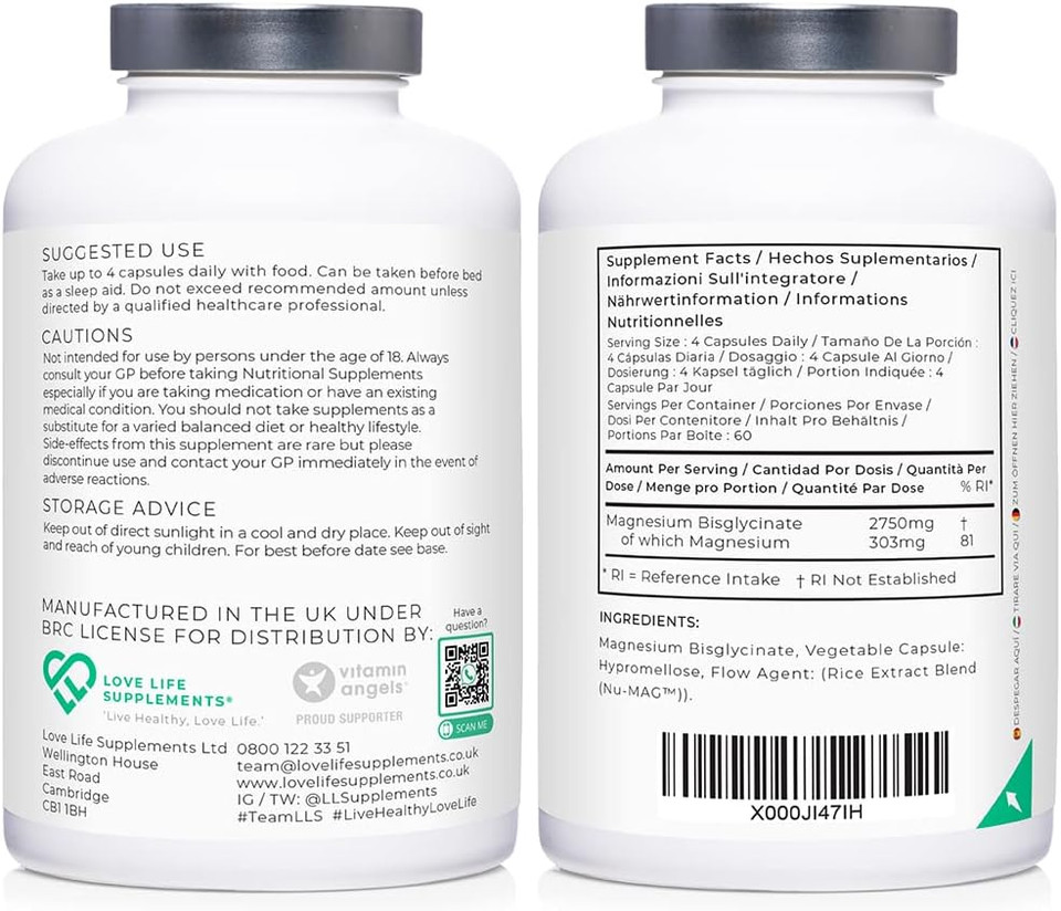 Magnesium Glycinate (Bisglycinate) | Chelated Magnesium Supplements | 2750Mg (303Mg Magnesium) | 240 Capsules / 60 Servings | Highly Bioavailable | Made In Uk - Gmp Certified | Love Life Supplements