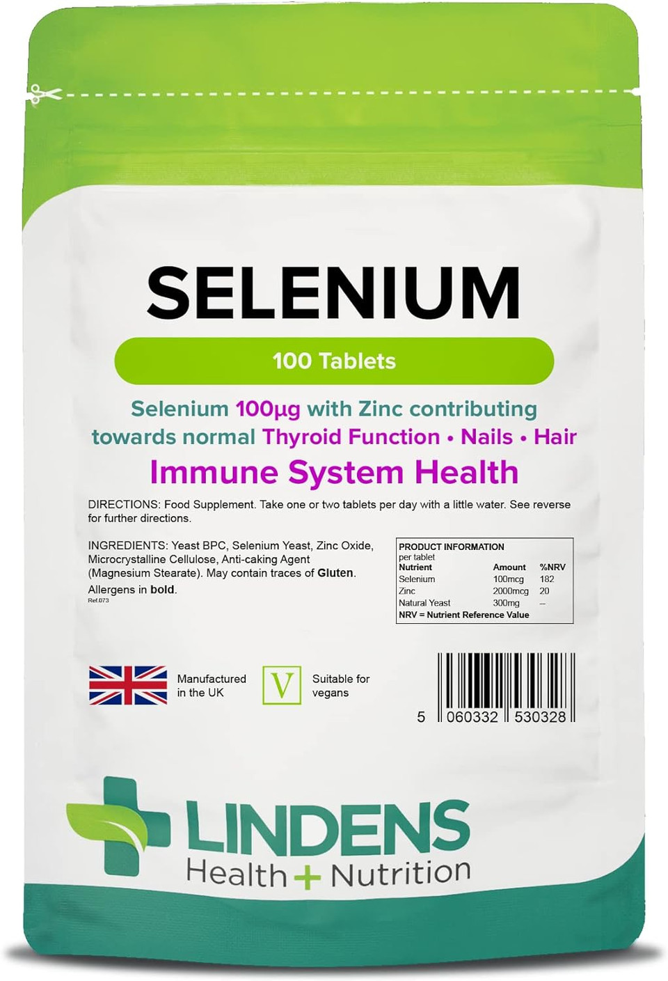 Lindens Selenium 100Mcg & Zinc - 100 Vegan Tablets - Healthy Skin, Nails, Hair, Thyroid, Immune Health | Made In The Uk | (3 Months Supply) | Letterbox Friendly
