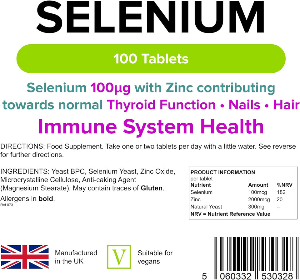 Lindens Selenium 100Mcg & Zinc - 100 Vegan Tablets - Healthy Skin, Nails, Hair, Thyroid, Immune Health | Made In The Uk | (3 Months Supply) | Letterbox Friendly