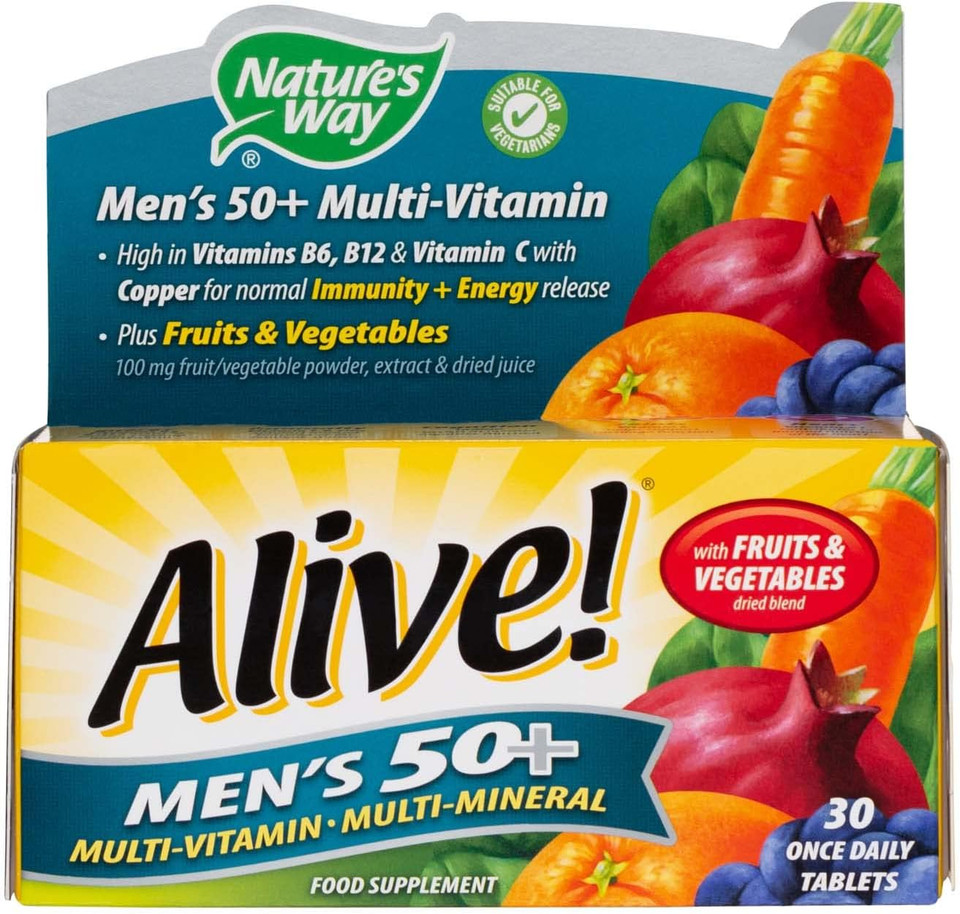 Nature's Way - Alive! Men's 50+ Multi-Vitamin and Minerals - Specially Formulated for Men Over 50  with Dried Blend of Fruits and Vegetables - Suitable for Vegetarians - 30 Tablets