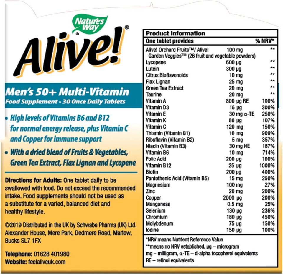 Nature's Way - Alive! Men's 50+ Multi-Vitamin and Minerals - Specially Formulated for Men Over 50  with Dried Blend of Fruits and Vegetables - Suitable for Vegetarians - 30 Tablets