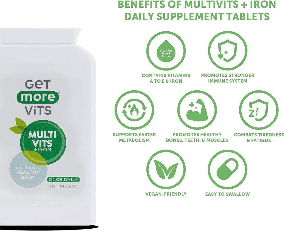 Get More Vits Multivitamin Tablets - 90-Day Supply Of Multivits & Iron Tablets For Men & Women - Immune System Booster To Boost Metabolism, Teeth & Muscle Support, Eye Health, & Energy Release