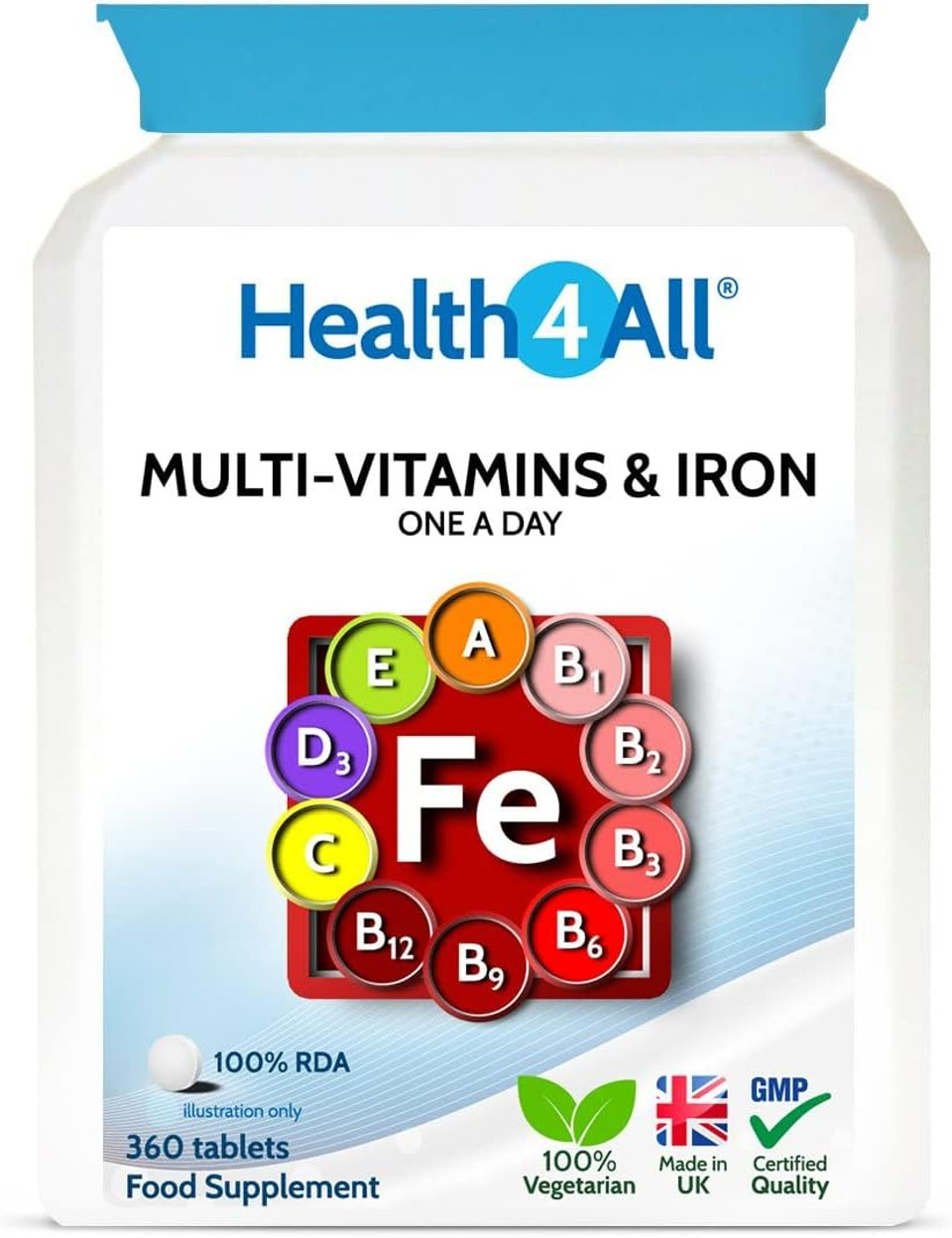 Health4All Multivitamins & Iron One A Day 360 Tablets 100% Rda 1 Year Supply